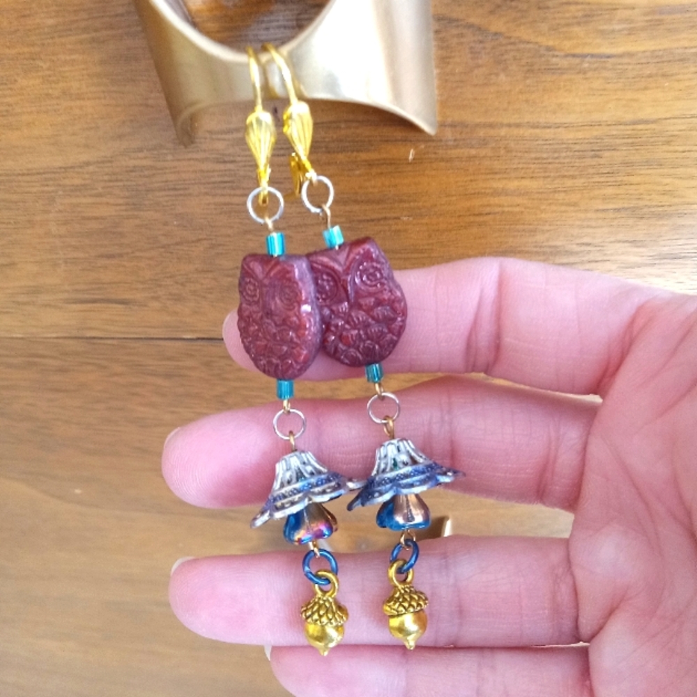 🐞SOLD! OWL Earrings Handmade Floral Dangle Drop Bird Lover Leverback Acorn New